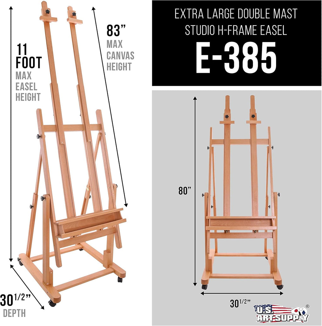 U.S Ar Suppl Extr Larg Doubl Mas Woode H-Fram Easel Adjustabl Studi Artis Ease fo Paintin wit Rotatin Canva Stand Artis Storag Tra Lockin Pr Caste Wheels Premiu Beechwood