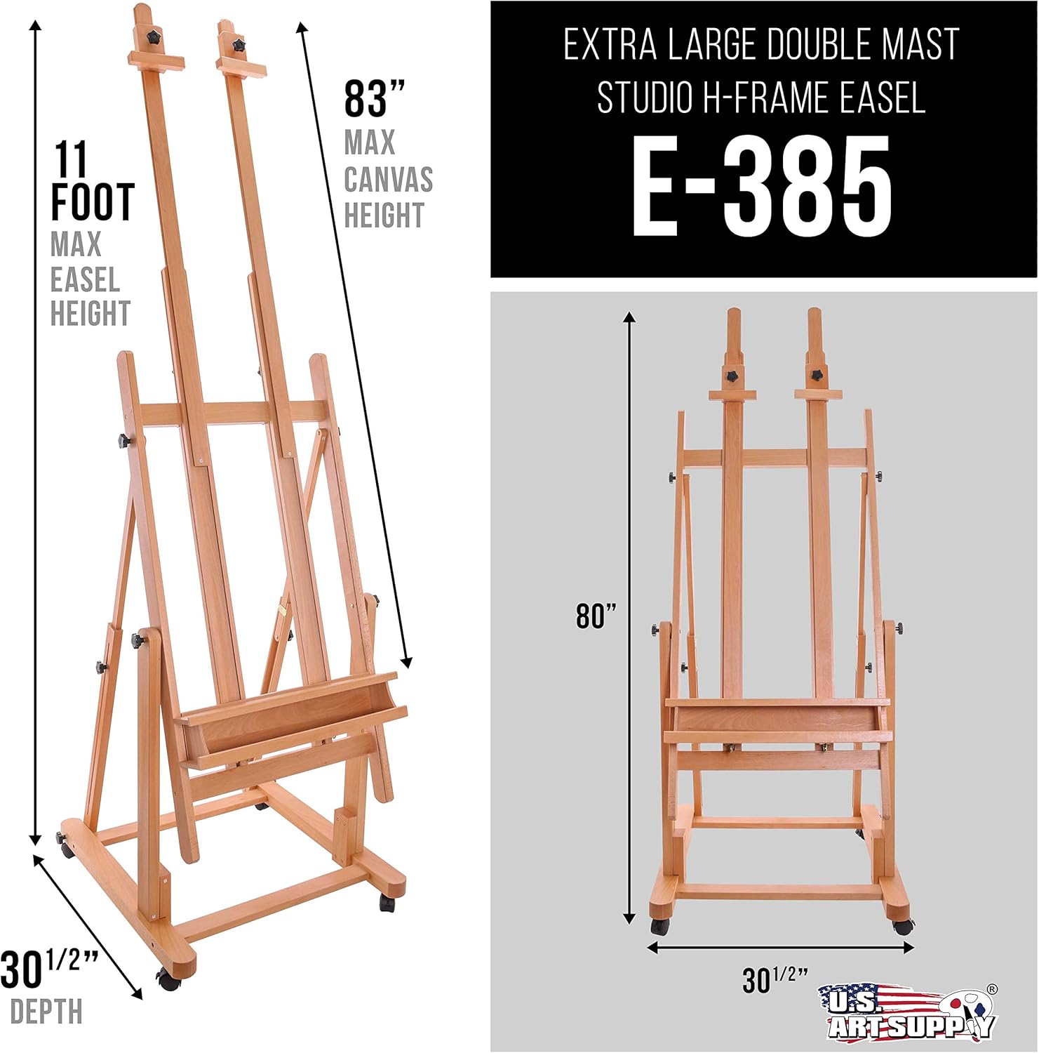 U.S Ar Suppl Extr Larg Doubl Mas Woode H-Fram Easel Adjustabl Studi Artis Ease fo Paintin wit Rotatin Canva Stand Artis Storag Tra Lockin Pr Caste Wheels Premiu Beechwood