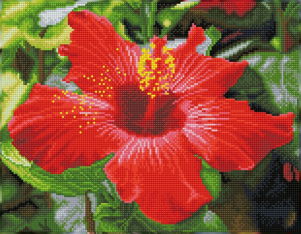 DIAMON DOT Hibiscu i Bloo Pre-Frame Ki Flowe Diamon Paintin Kit fo Adult Diamon Ar Kit Relaxin Creativ Craf Ki wit Dot Gem 12.2inchx16.1inch