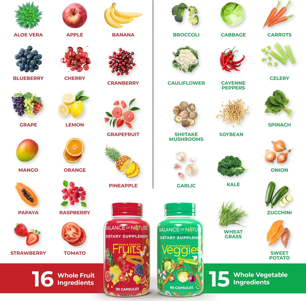 Balanc o Natur Fruit Veggie Supplement Whol Frui an Vegetabl Ingredient fo Women Men an Kid 9 Fruit Capsules 9 Veggie Capsule  Sets
