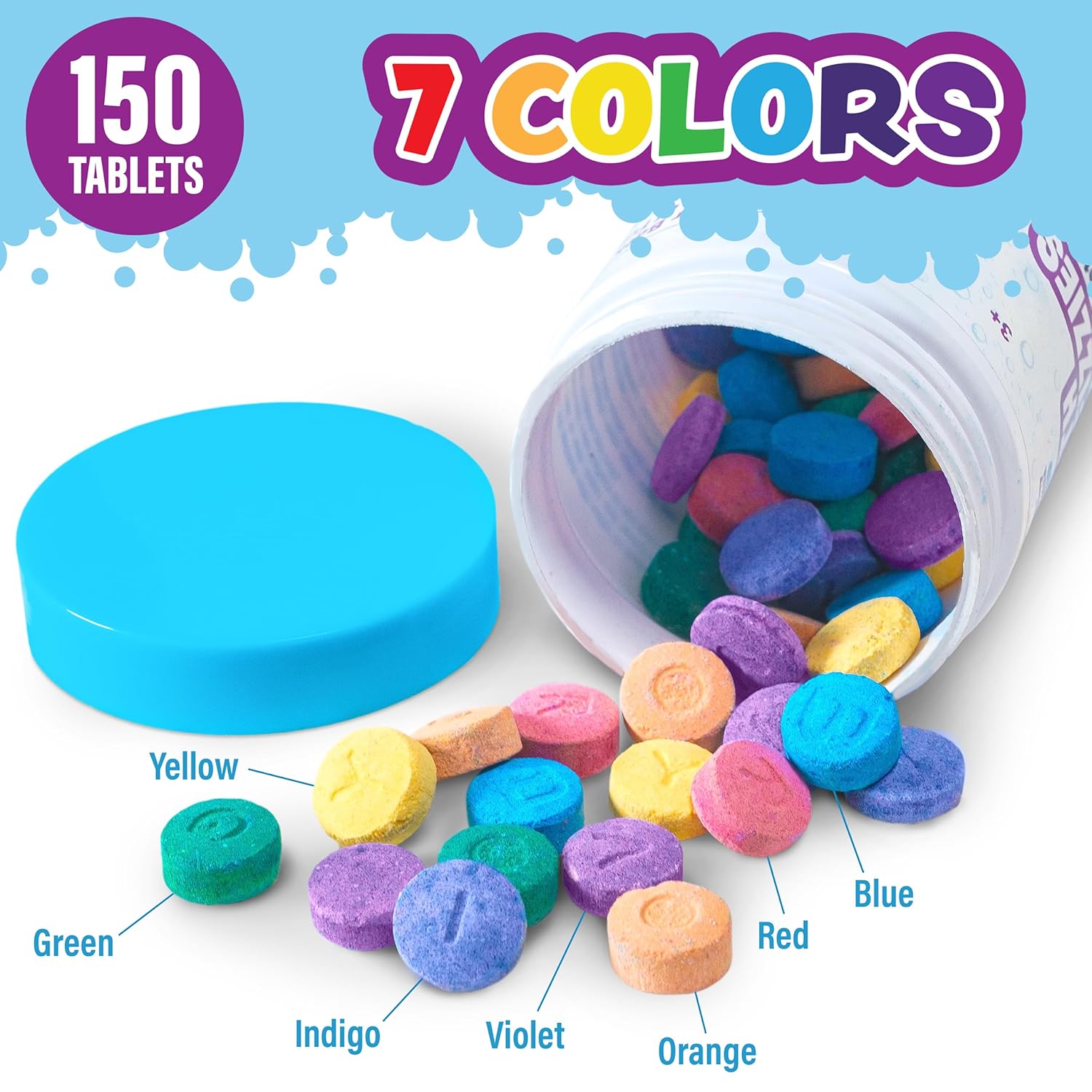 Tub Works Bath Color Fizzies, 150 Count | Nontoxic Fragrance-Free | Fizzy, Bath Color Tablets for Kids | Create Colorful Water | Water Tablets in 7 Colors for Variety | Bath Bombs for Kids Bathtub