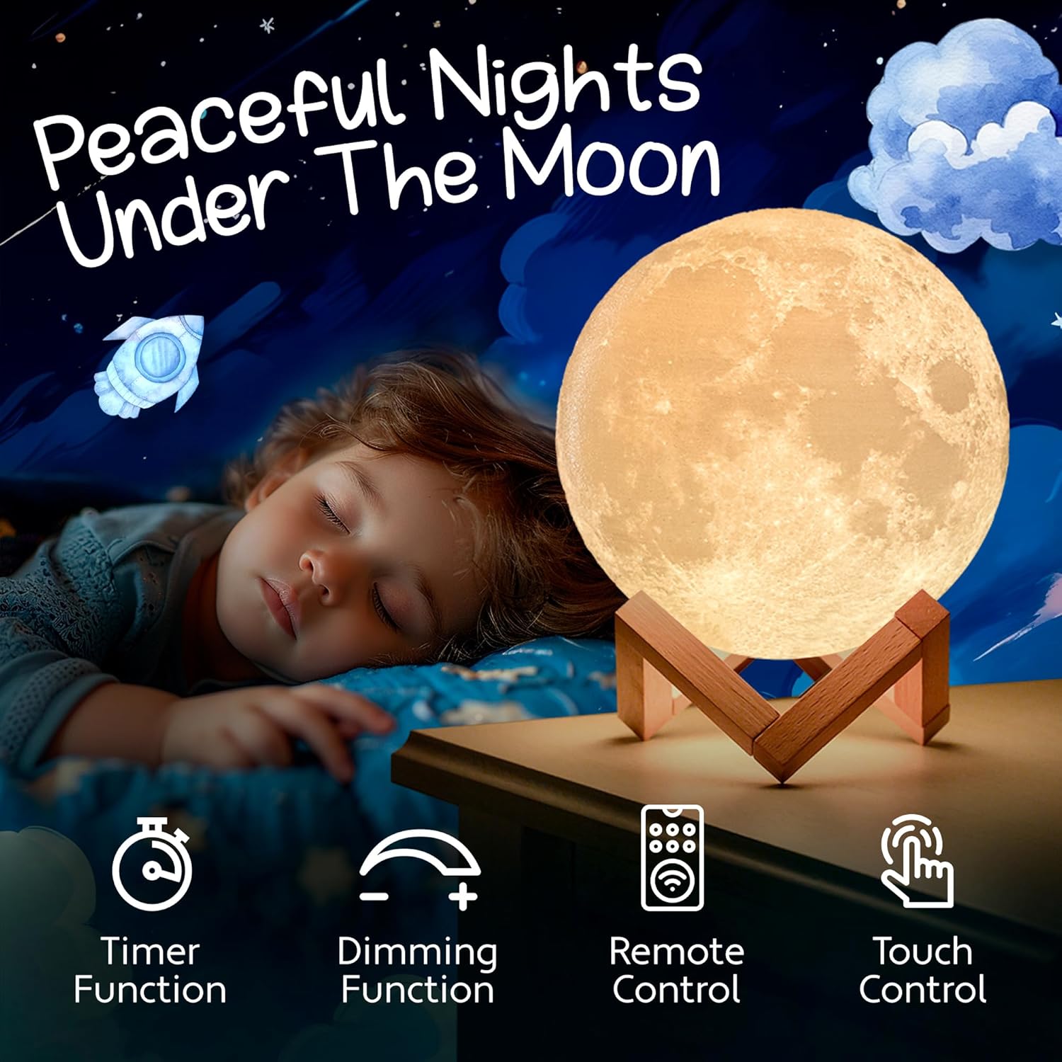Mind-glowing 3D Moon Lamp - 16 LED Colors, Dimmable, Rechargeable Night Light (Large, 5.9in) with Wooden Stand, Remote Touch Control - Nursery Decor for your Baby, Birthday Gift Idea for Women