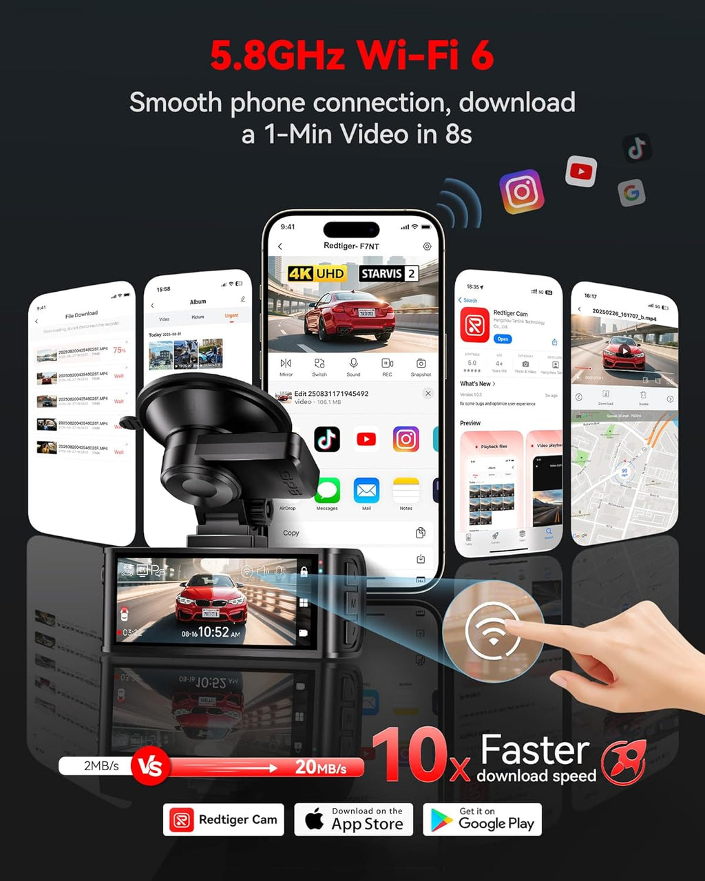 REDTIGE 4 STARVI Das Ca Fron an Rear 5GH WiF 20MB/ Download 128G Car Included Voic Control Das Camer fo Car wit 3.18inc Touc Screen GPS Loo Recording Parkin Mode(F7 Touch)
