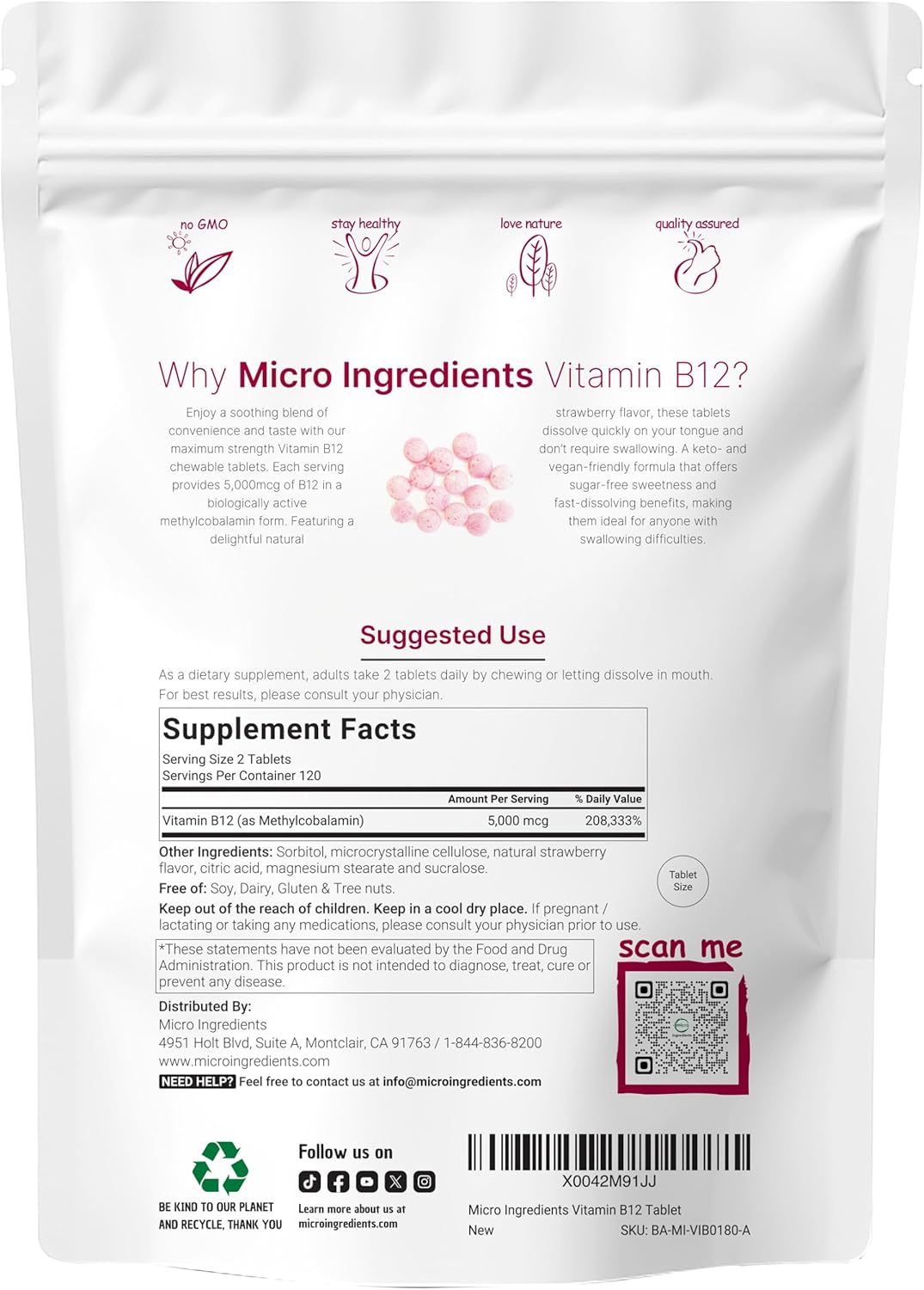 Micr Ingredient Vitami B1 5,00 mc Methylcobalami 24 Chewabl Tablet Fas Dissolve Natura Strawberr Flavo Support Energ Metabolis Healt Vegan Non-GMO Glute Free