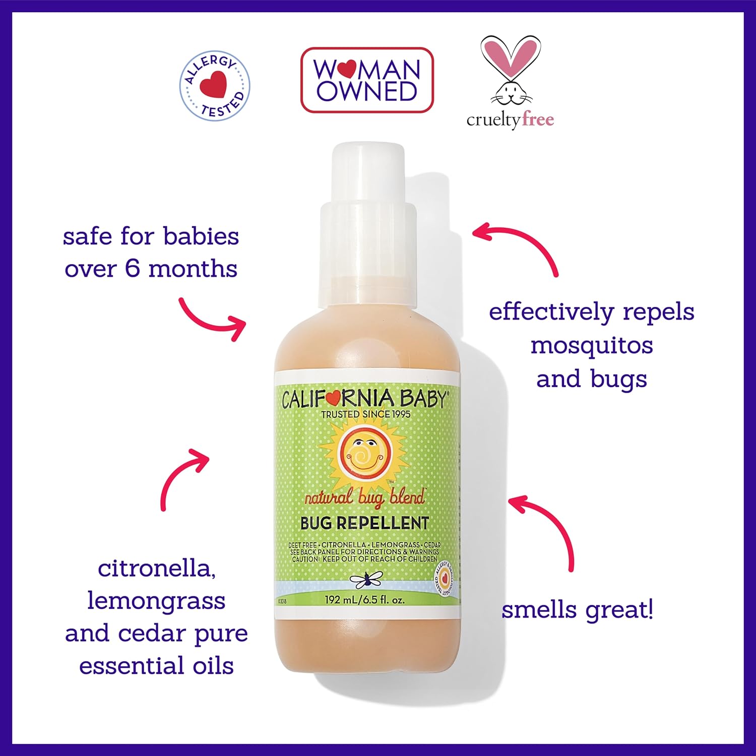 California Baby Natural Bug Spray | DEET Free Mosquito Repellent | Baby + Kids Bug Spray | Citronella Spray | Great Smell | 192 mL / 6.5 oz.