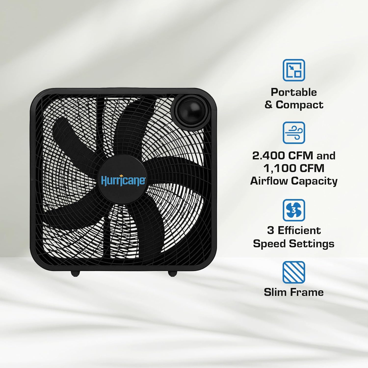 Hurricane Classic Floor Mount Box Fan w/ 3 Quiet Speeds, Black, 20inch - Corded Portable Electric Air Cooling Unit w/ Powerful 2400 CFM Airflow for Home, Garage, Office, Bedroom Basement