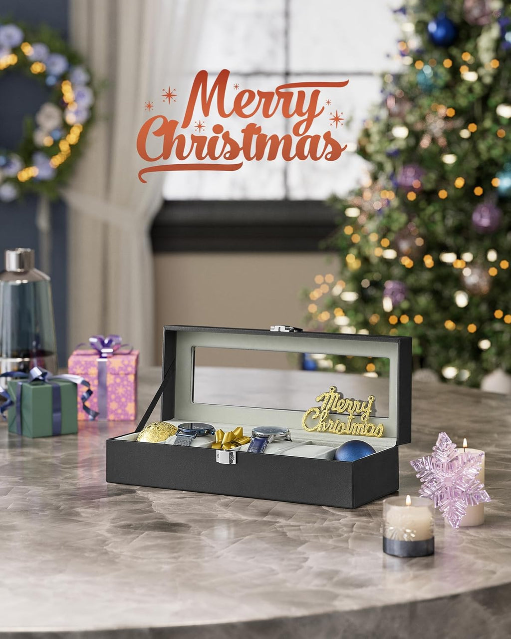Watch Box, 6-Slot Watch Case Organizer with Large Glass Lid, Removable Pillows, Christmas Gift, Black Synthetic Leather, Greenish Gray Lining UJWB06BK