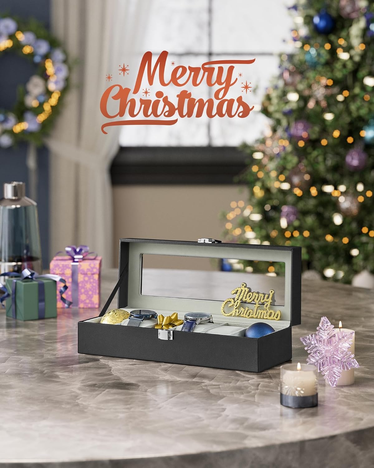 Watch Box, 6-Slot Watch Case Organizer with Large Glass Lid, Removable Pillows, Christmas Gift, Black Synthetic Leather, Greenish Gray Lining UJWB06BK