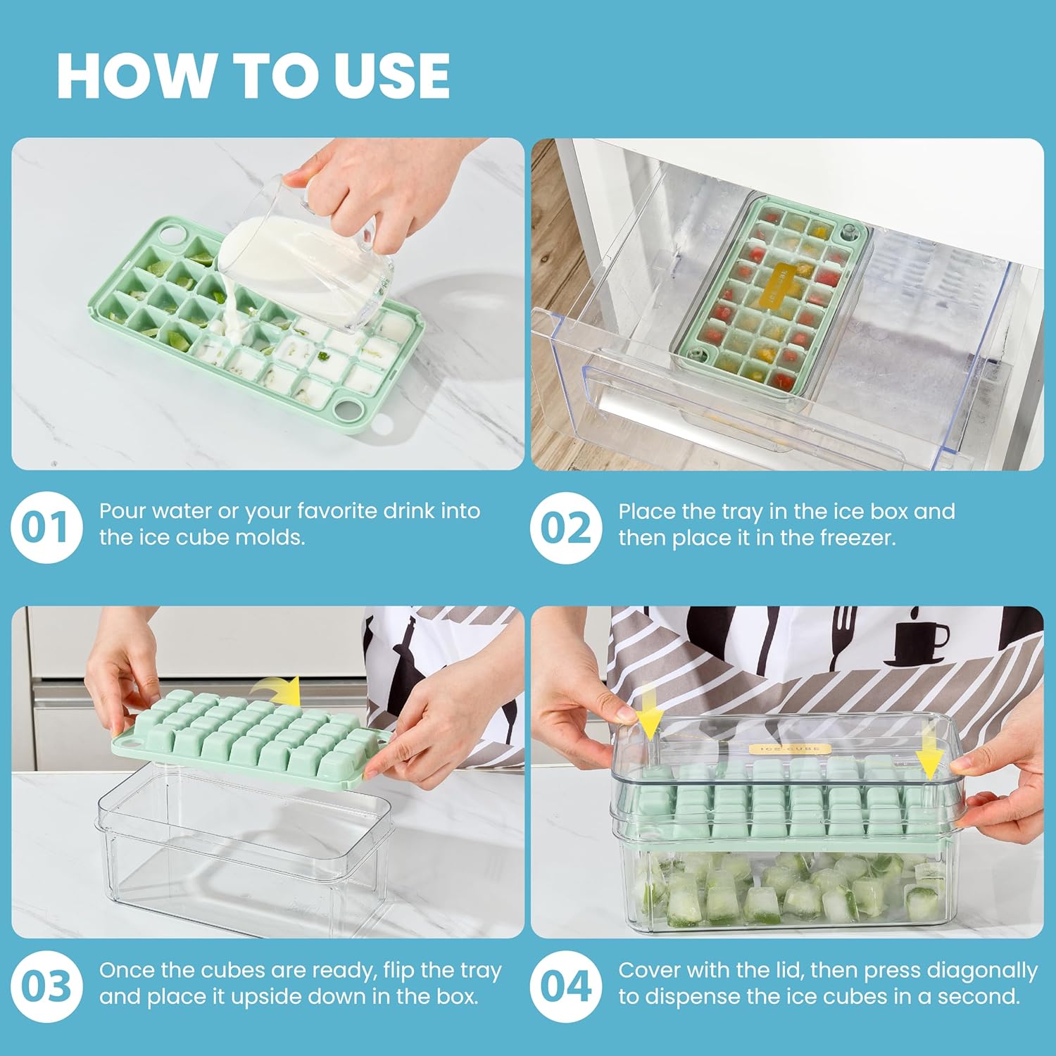 Yoove Ice Cube Tray with Lid and Bin | Press and Easy to Release Ice Cube Trays for Freezer | 2 Ice Tray, 60 refreshing Ice Cubes | Ice Molds for Fruits, Soda, Cocktails, Whiskey, Iced Coffee and Wine