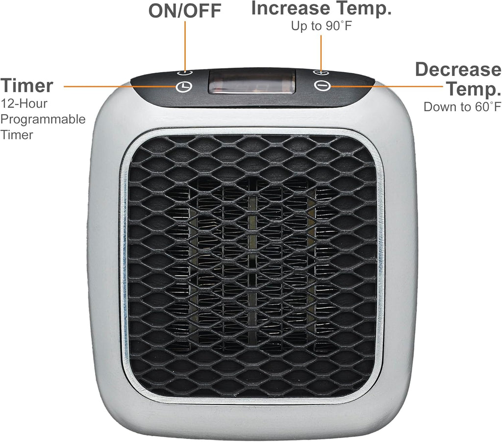 Ontel Handy Heater Turbo Wall Outlet Plug In Heater ¨C Portable Indoor Ceramic Space Heater w/Adjustable Thermostat, 12-Hour Timer, Auto Shut Off, Quiet ¨C Plug In Wall for Office, Bedroom, Camping