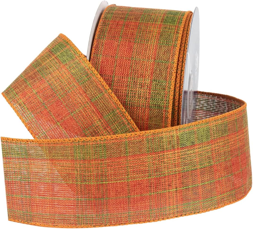 Roya Import Fal Checkere Plai Orange/Gree Wire Ribbon fo Thanksgiving Hallowee an Harves Decor Bo Making Gif Wrapping Wreaths 2.5inc Wid (#40 2 Yar Rol (7 Ft)