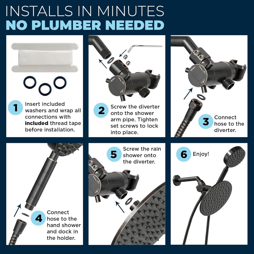 HammerHead Showers Solid Metal Dual Shower Head Combo ¨C OIL RUBBED BRONZE ¨C 8 Inch Rainfall High Flow Shower Head & Handheld Shower Head High Pressure with Hose 6ft - Hotel-Like Double Shower Heads