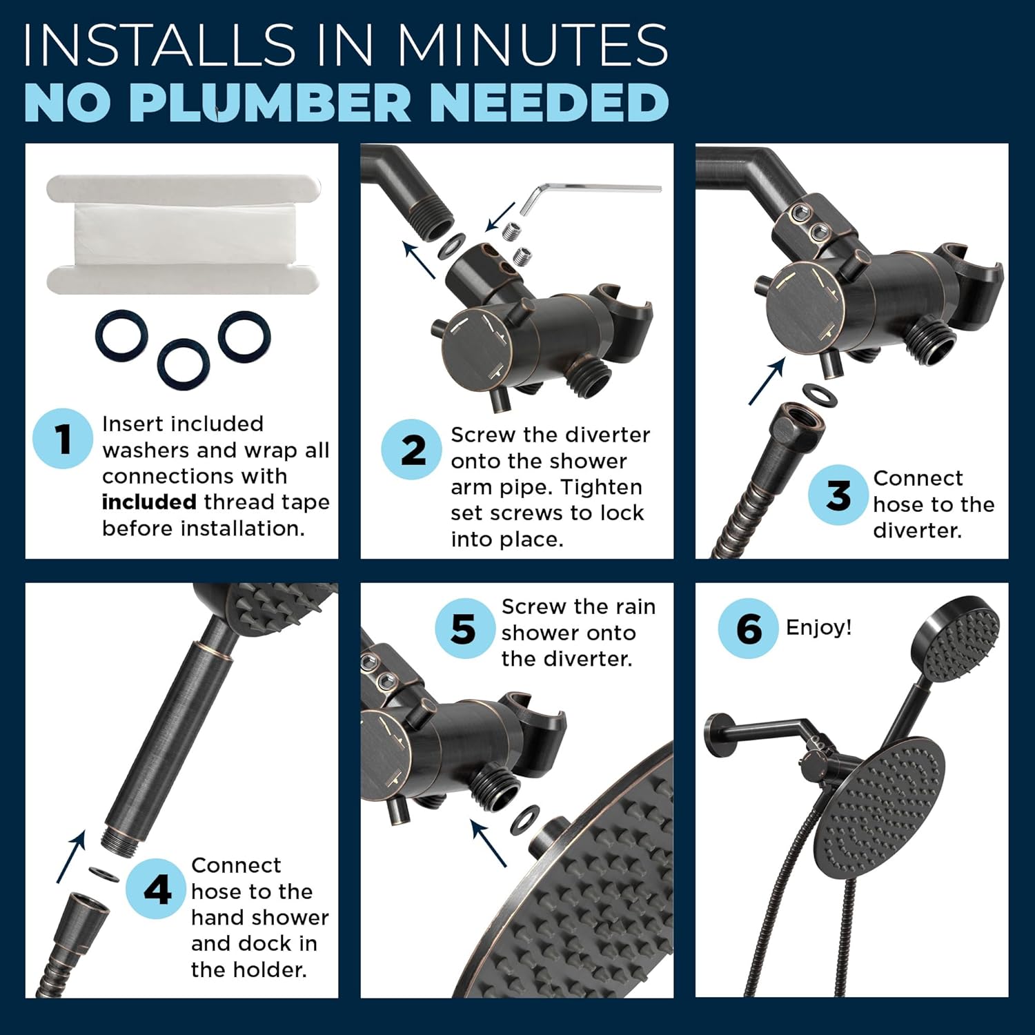 HammerHead Showers Solid Metal Dual Shower Head Combo ¨C OIL RUBBED BRONZE ¨C 8 Inch Rainfall High Flow Shower Head & Handheld Shower Head High Pressure with Hose 6ft - Hotel-Like Double Shower Heads