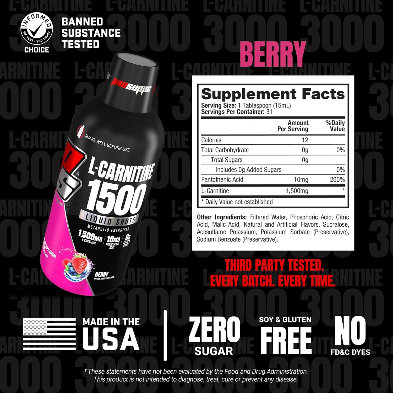 PROSUPPS L-Carnitine Liquid 1500, Stimulant-Free Liquid Shots for Men Women - Clean Workout Drink for Energy, Performance Muscle Recovery - No Sugar, No Carbs - 31 Servings, Berry