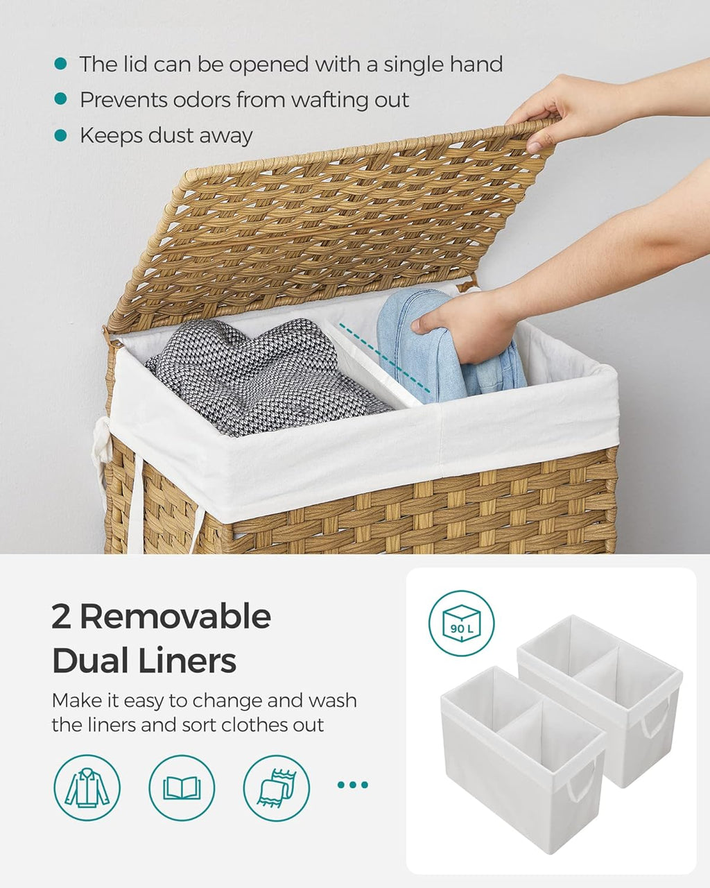 Laundry Hamper with Lid, 90L Clothes Hamper with 2 Removable Liner Bags, 6 Mesh Bags, Wicker Laundry Basket, Double Laundry Hamper for Bathroom, 13 x 18.1 x 23.6 Inches, Natural ULCB251N01V1