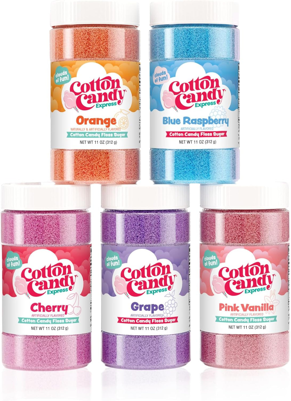 Cotton Candy Express BB1000-S Cotton Candy Machine, with 5-11oz. Jars of Cherry, Grape, Blue Raspberry, Orange, Pink Vanilla Floss Sugar 50 Paper Cones Easy to Use and Clean