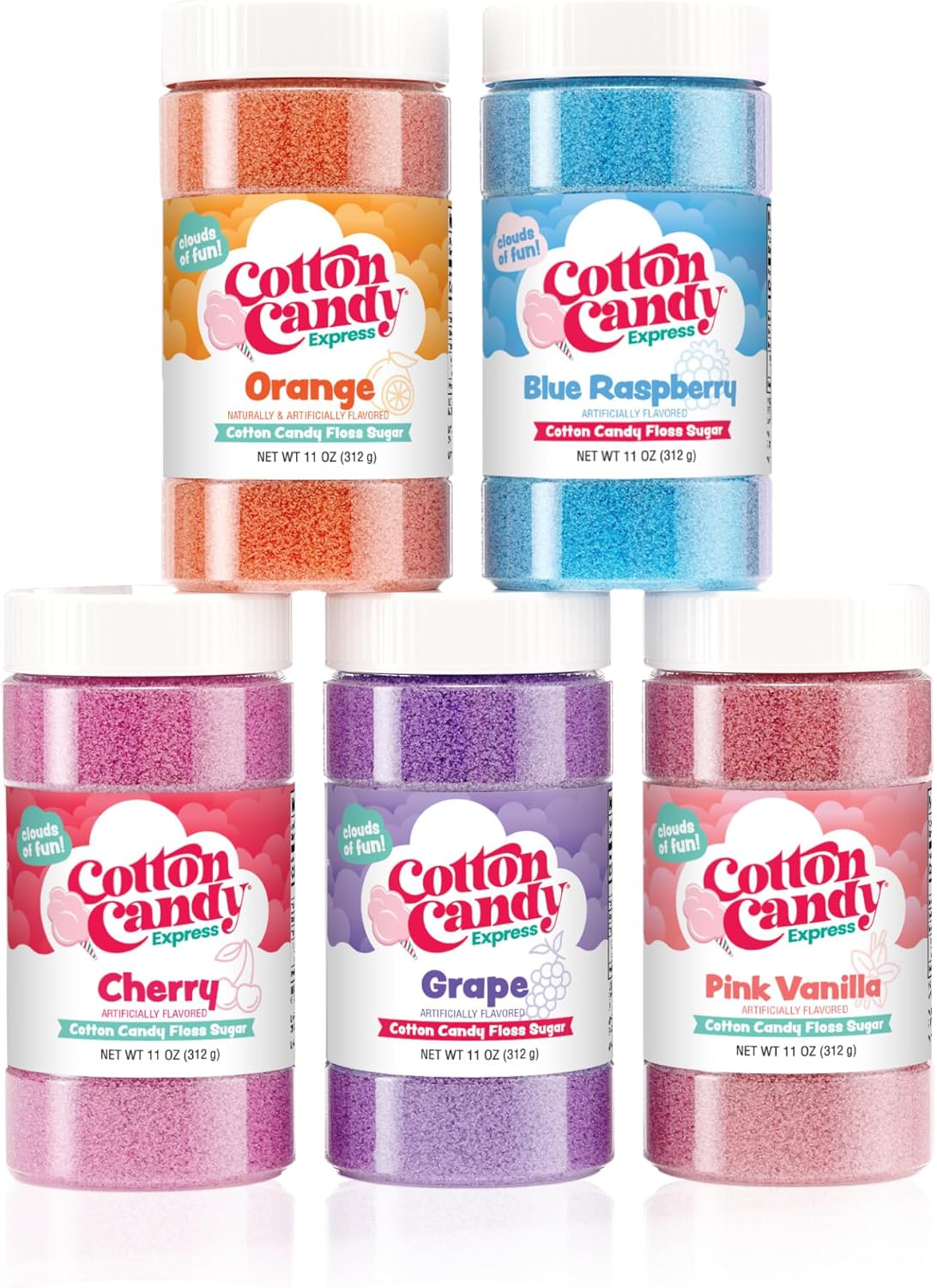 Cotton Candy Express BB1000-S Cotton Candy Machine, with 5-11oz. Jars of Cherry, Grape, Blue Raspberry, Orange, Pink Vanilla Floss Sugar 50 Paper Cones Easy to Use and Clean