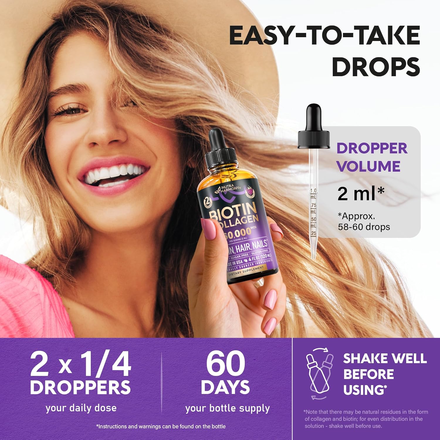 Liquid Biotin Collagen 60,000 mcg - Vitamins for Hair Growth Support - Extra Strength Drops for Women Men - Liquid Collagen Supplement - Strong Nails Healthy Skin - Made in USA - 4 Fl Oz