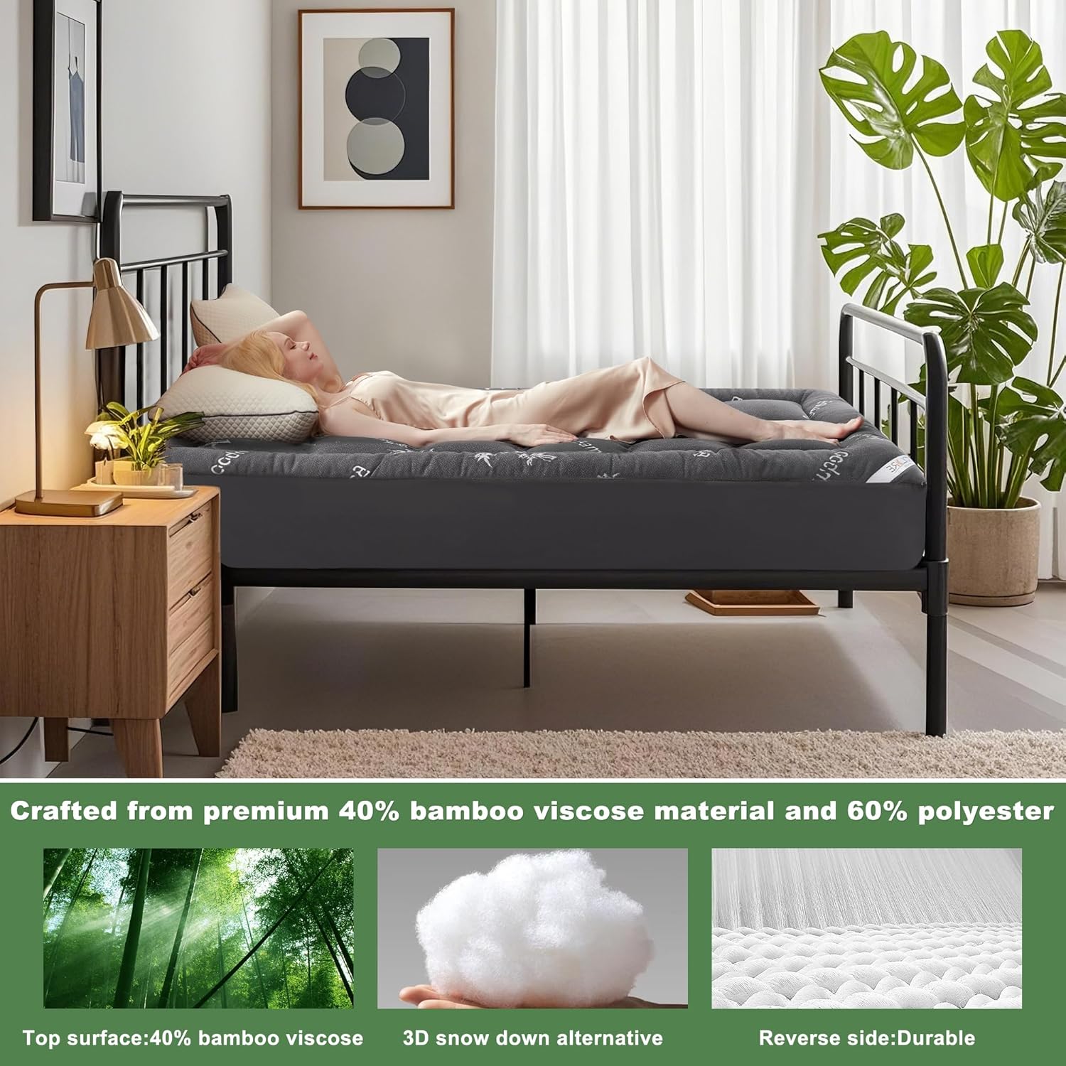 Twin XL Mattress Topper Viscose Derived from Bamboo, Thick Pillow Top Mattress Pad with Deep Pockets for 6-15 inches Mattress, Soft Mattress Topper College Dorm Size for Back Pain(Dark Gray)