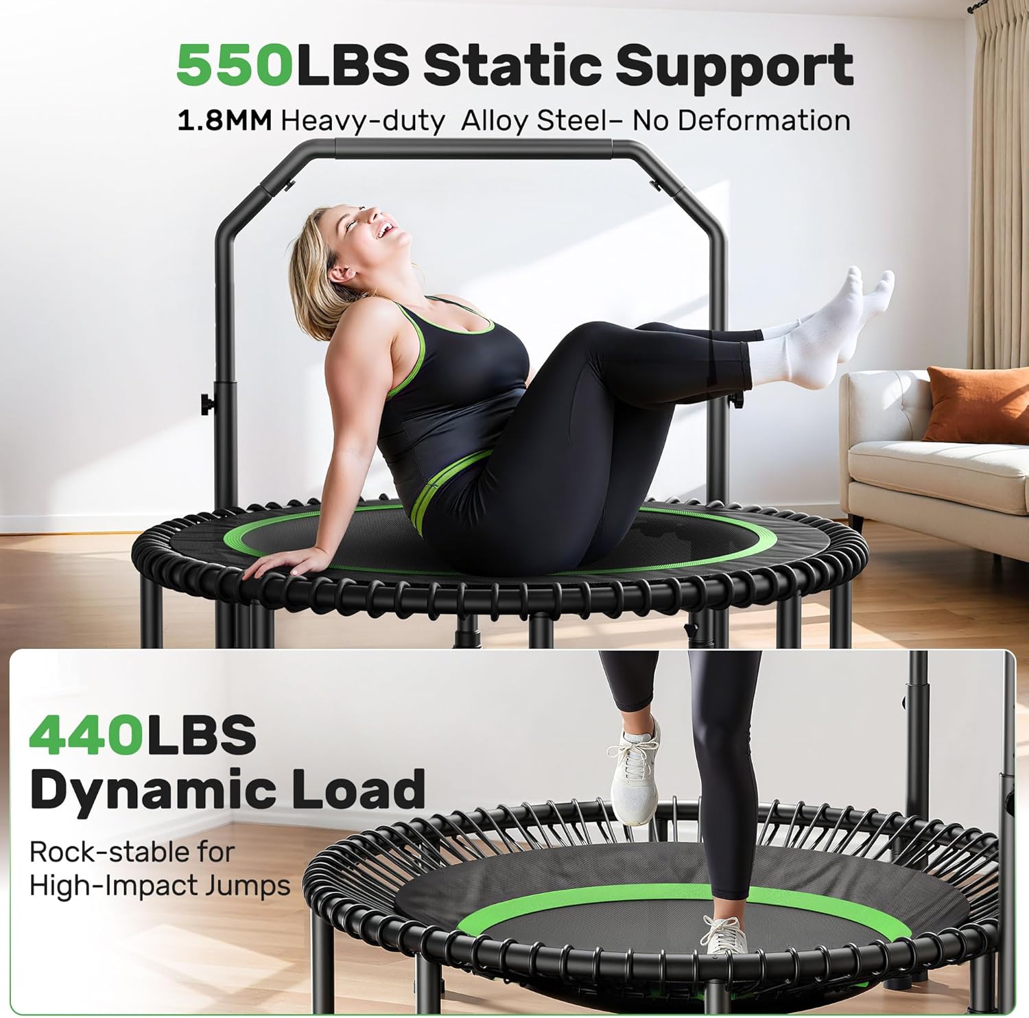 BCAN 40inch/48inch Mini Rebounder Trampoline for Adults with Bar, 450/550LBS Fitness Trampoline with Bungees, Adjustable Handle, Stable Quiet, Indoor Outdoor, Whole-Body Workout Relaxation at Home