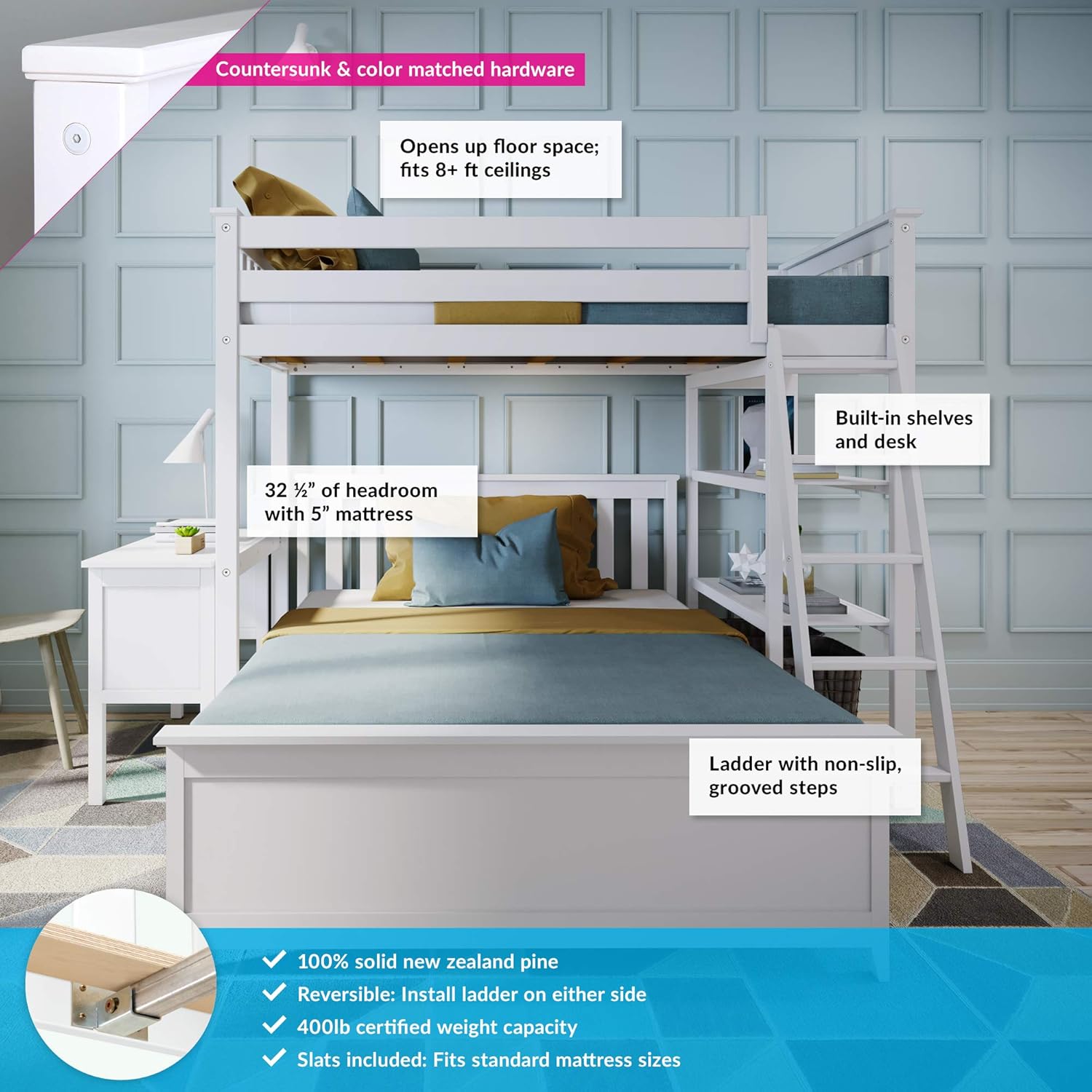 Max & Lily Bunk Bed, L Shape Twin-Over-Full Bed Frame For Kids With Bookcase and Desk, White