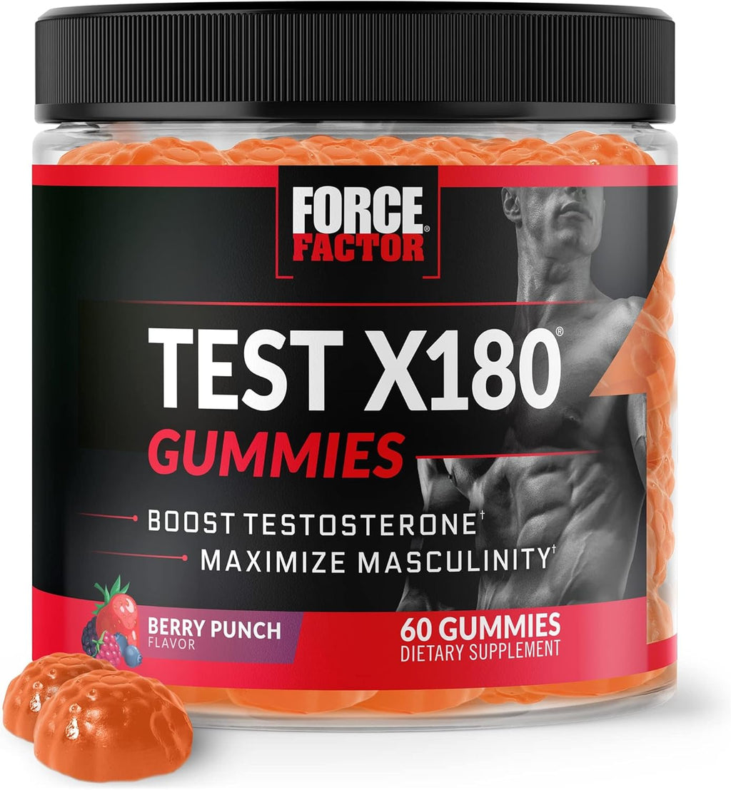 Force Factor Test X180 Gummies Testosterone Booster for Men with Tongkat Ali, Horny Goat Weed, Tribulus Terrestris, Fenugreek, Black Maca, Supplement Men, Berry Punch, 60 Gummies, 1-Pack