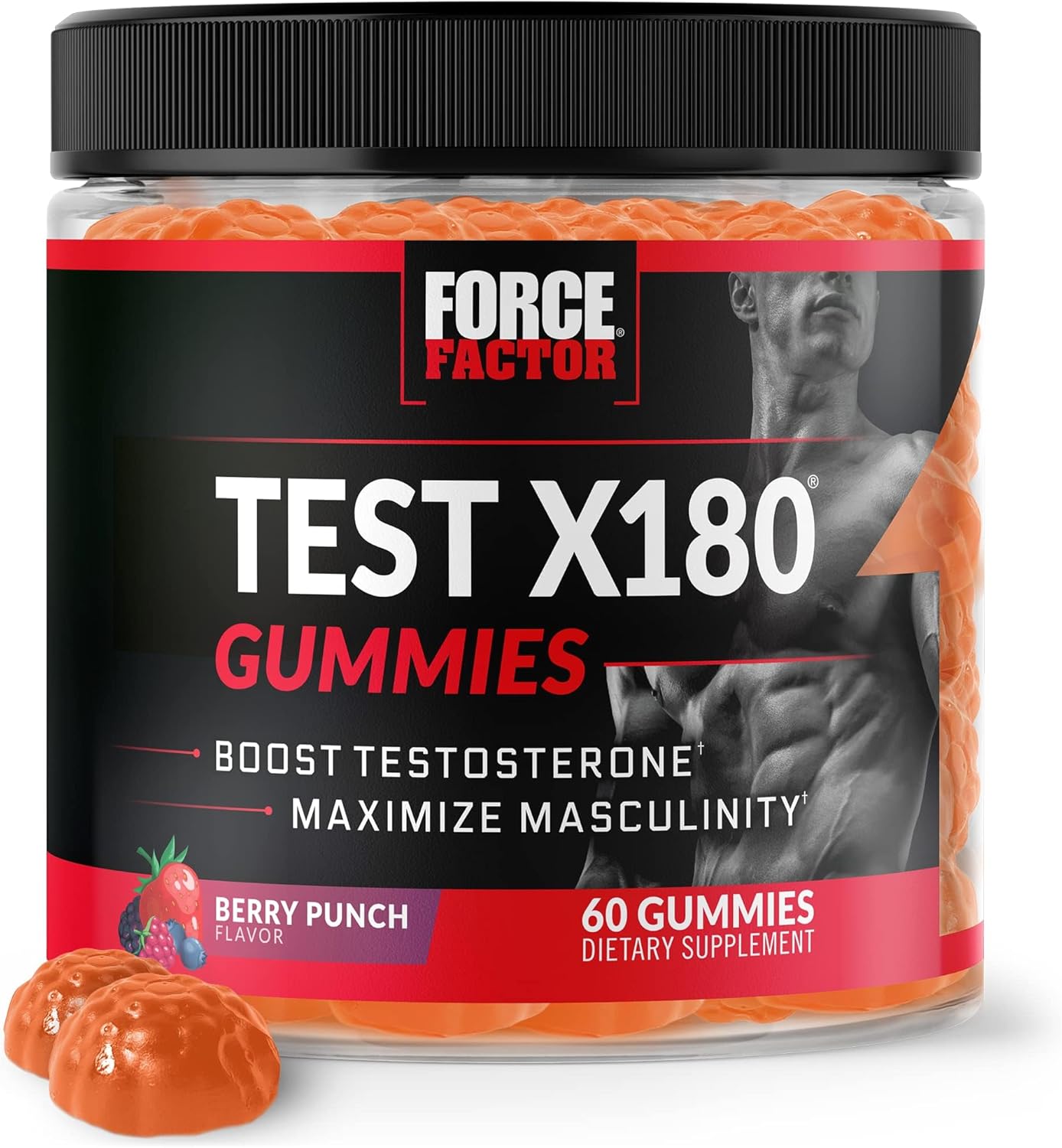Force Factor Test X180 Gummies Testosterone Booster for Men with Tongkat Ali, Horny Goat Weed, Tribulus Terrestris, Fenugreek, Black Maca, Supplement Men, Berry Punch, 60 Gummies, 1-Pack