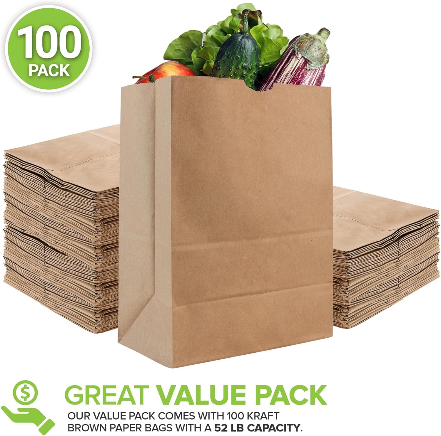 Stock Your Home 52 lb Kraft Brown Paper Bags (100 Count) ¨C Bulk Large Grocery Bags for Shopping