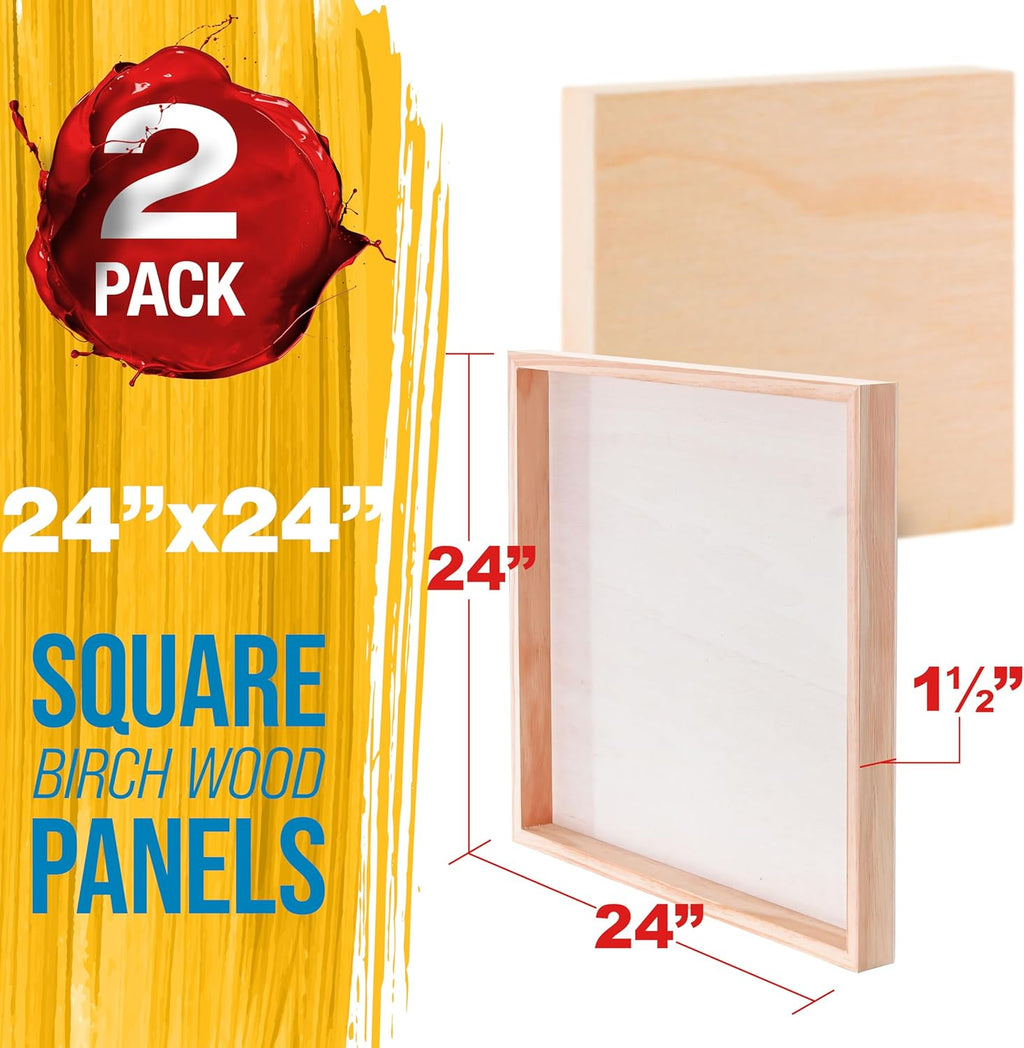 U.S. Art Supply 24inch x 24inch Unfinished Cradled Wood Panels for Painting, Gallery 1-1/2inch Deep (2 Pack) - Artist Depth Wooden Wall Canvases - Mixed-Media Craft, Acrylic, Oil, Encaustic, Paint Pouring
