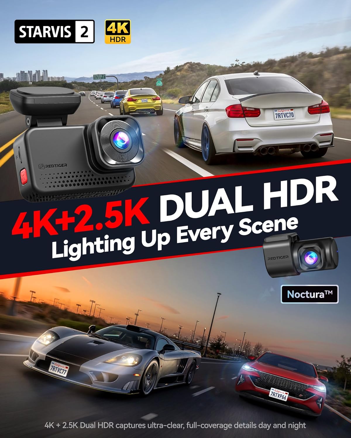 REDTIGER ViewClear 70 4K+2.5K Dash Cam Front and Rear, 8MP STARVIS 2 IMX678 x Noctura™ Sensor, Dual HDR Hyper Night Clarity, 5.8GHz WiFi 6, 30MB/S Fast Download, Dash Camera with 24H Parking Monitor