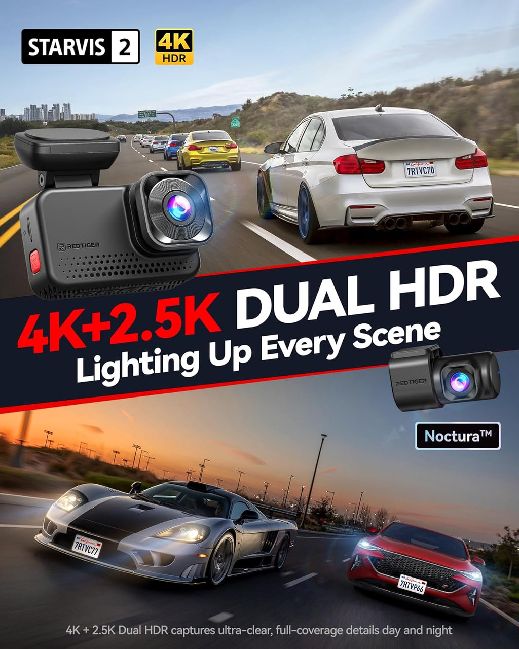REDTIGE ViewClea 7 4K+2.5 Das Ca Fron an Rear 8M STARVI IMX67 Noctura Sensor Dua HD Hype Nigh Clarity 5.8GH WiF 6 30MB/ Fas Download Das Camer wit 24 Parkin Monitor