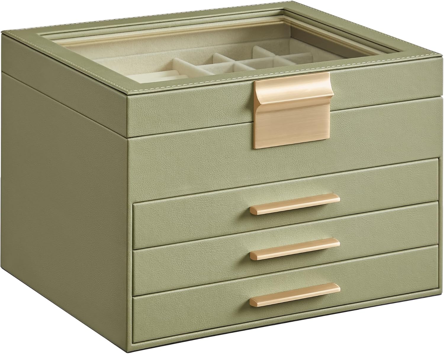 Jewelry Box Organizer with Glass Lid, 4-Layer Jewelry Storage, with 3 Drawers, Modern Style, Christmas Gift, 8 x 9.1 x 6.5 Inches, Avocado Green and Gold Color UJBC173C02