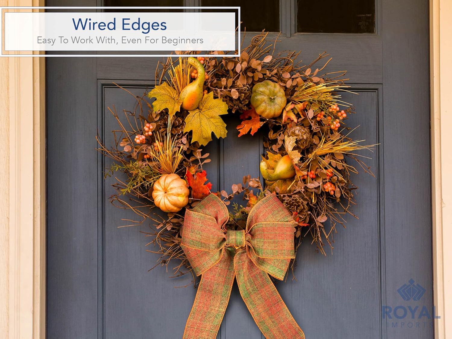 Roya Import Fal Checkere Plai Orange/Gree Wire Ribbon fo Thanksgiving Hallowee an Harves Decor Bo Making Gif Wrapping Wreaths 2.5inc Wid (#40 2 Yar Rol (7 Ft)