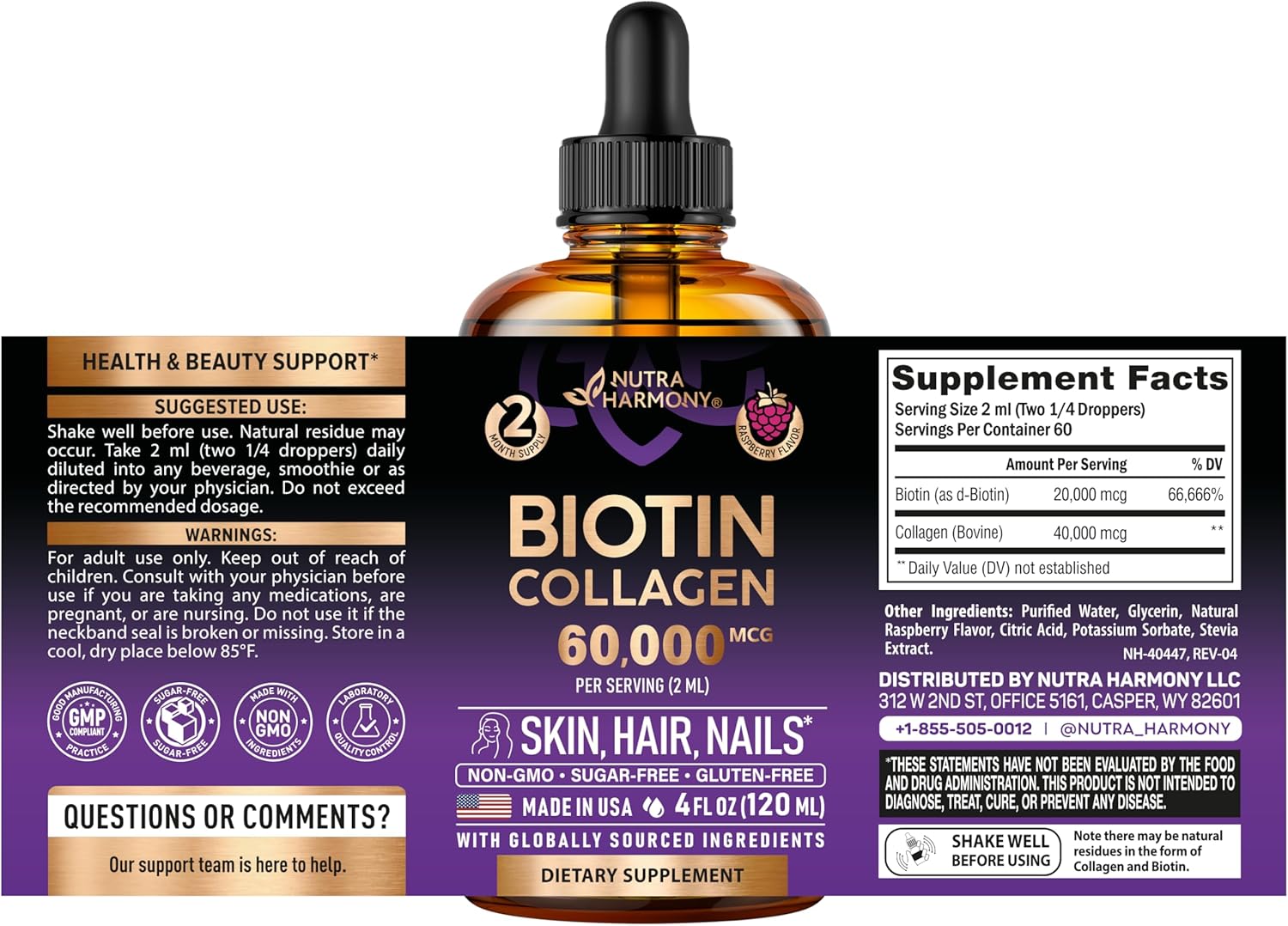 Liquid Biotin Collagen 60,000 mcg - Vitamins for Hair Growth Support - Extra Strength Drops for Women Men - Liquid Collagen Supplement - Strong Nails Healthy Skin - Made in USA - 4 Fl Oz