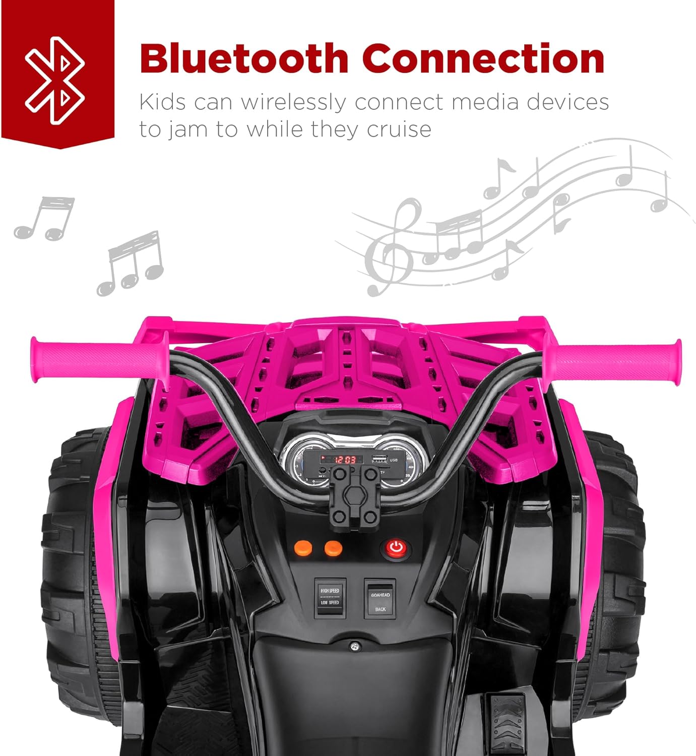 Best Choice Products 12V Kids Ride-On Electric ATV, 4-Wheeler Quad Car Toy w/Bluetooth Audio, 3.7mph Max Speed, Treaded Tires, LED Headlights, Radio - Hot Pink