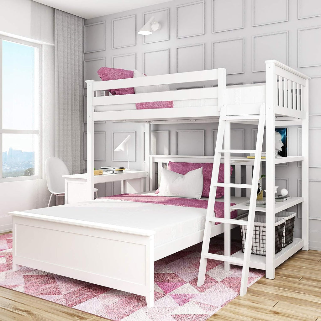Max & Lily Bunk Bed, L Shape Twin-Over-Full Bed Frame For Kids With Bookcase and Desk, White