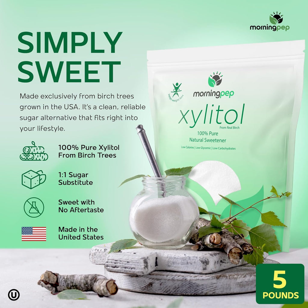 Morning Pep Pure Birch Xylitol (Keto Diet Friendly) Sweetener with no Aftertaste 5 LBs (Not from Corn) Non GMO Kosher Gluten Free Product of USA. 80 Onces