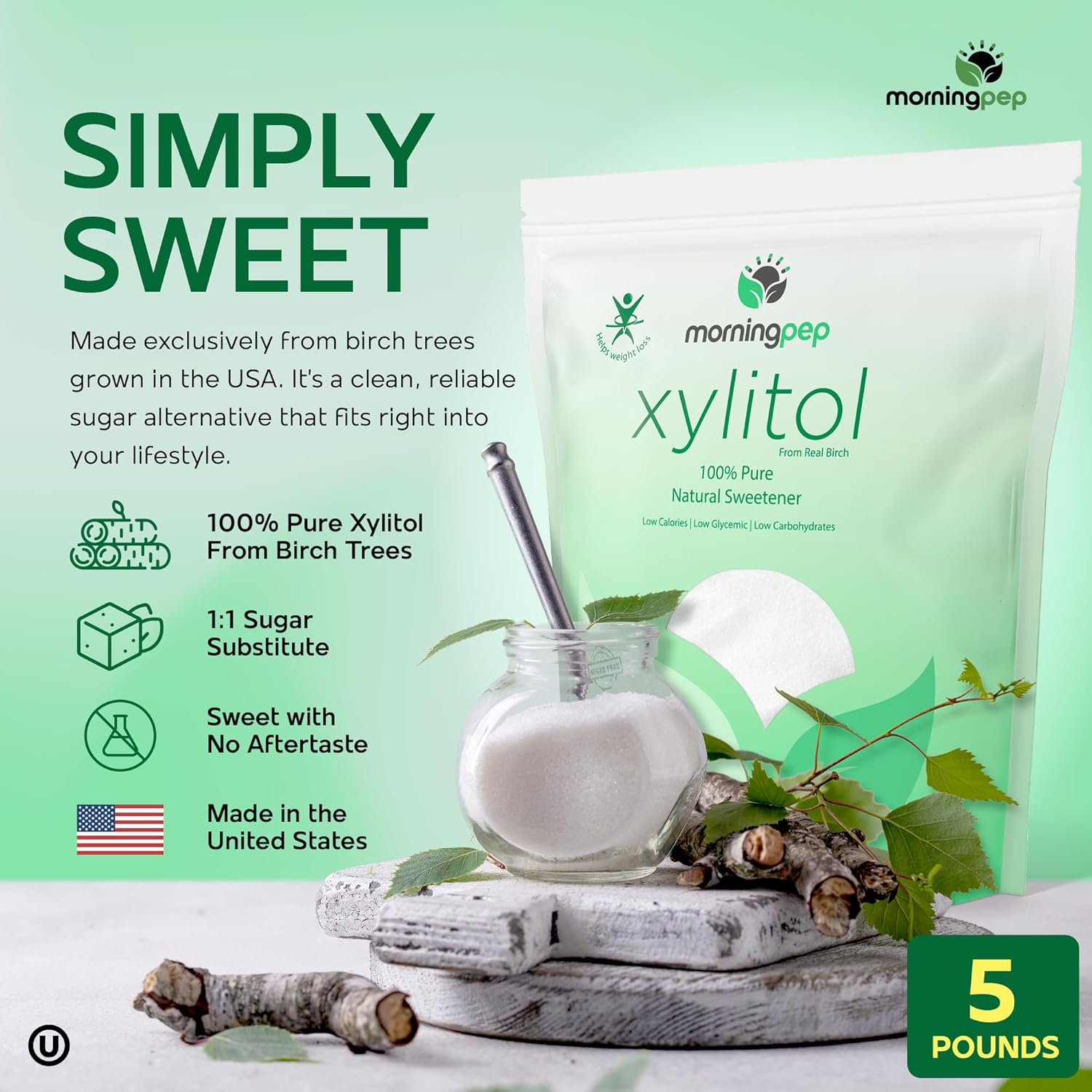 Morning Pep Pure Birch Xylitol (Keto Diet Friendly) Sweetener with no Aftertaste 5 LBs (Not from Corn) Non GMO Kosher Gluten Free Product of USA. 80 Onces
