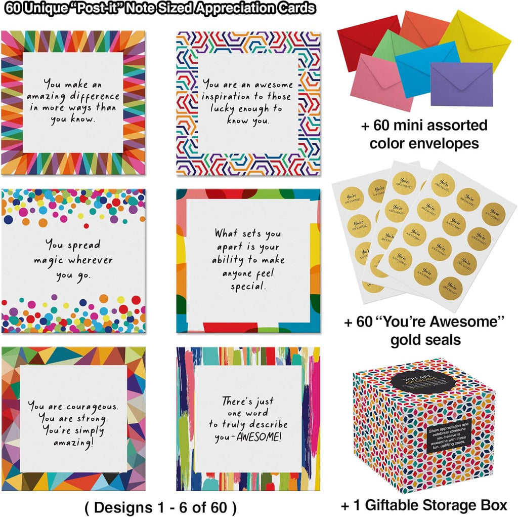 Dessie 60 Inspirational Cards With Envelopes 3.5x3.5. You Are Awesome Seals for Appreciation, Encouragement,Gratitude, Positive Affirmations, Thoughtful Gifts. Post-it Note Size.