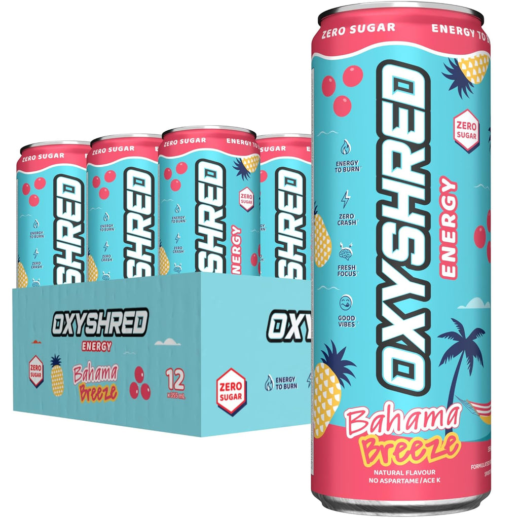EHP Labs OxyShred Healthy Energy Drink - Zero Sugar Energy Drinks with Amino Acids, Green Tea Extract, Vitamin C & L Carnitine - Zero Carbs, Zero Calories, Clean Caffeine, Bahama Breeze (12-Pack)