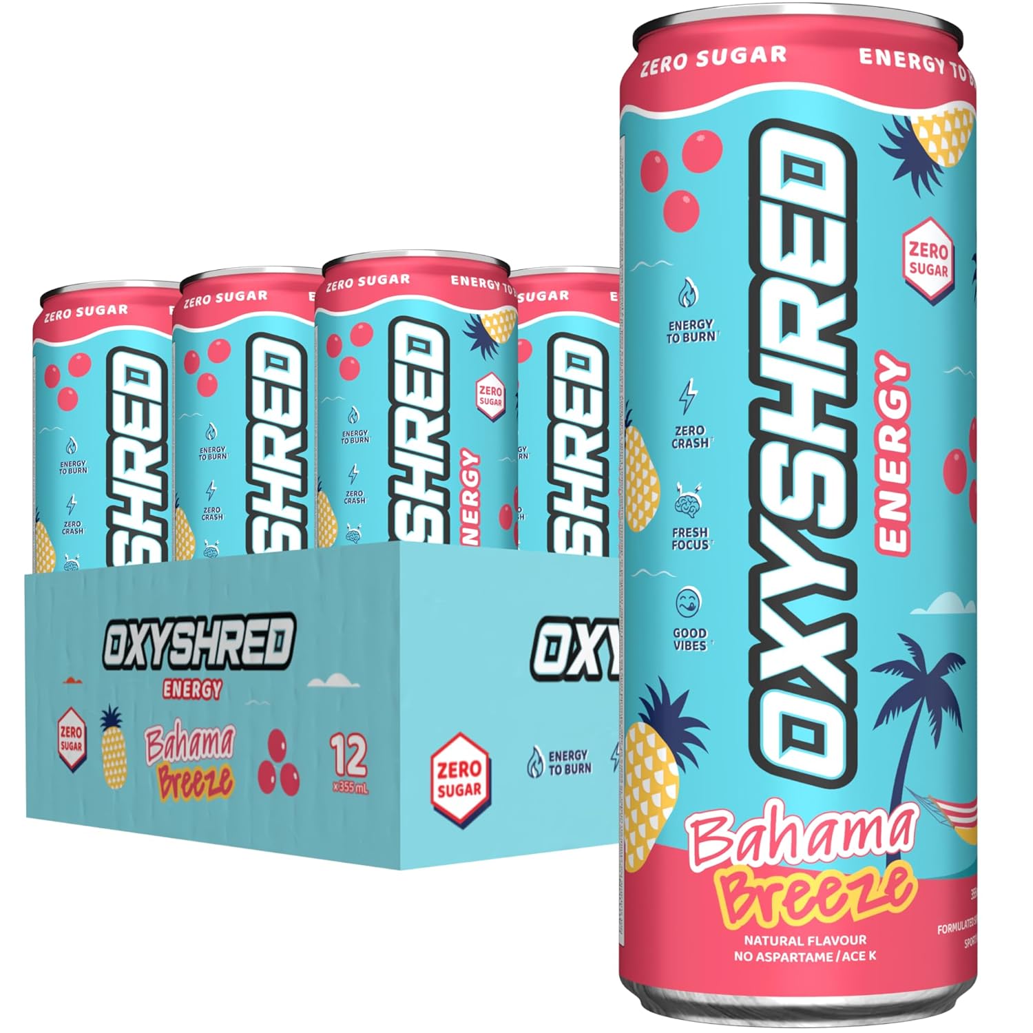 EHP Labs OxyShred Healthy Energy Drink - Zero Sugar Energy Drinks with Amino Acids, Green Tea Extract, Vitamin C & L Carnitine - Zero Carbs, Zero Calories, Clean Caffeine, Bahama Breeze (12-Pack)