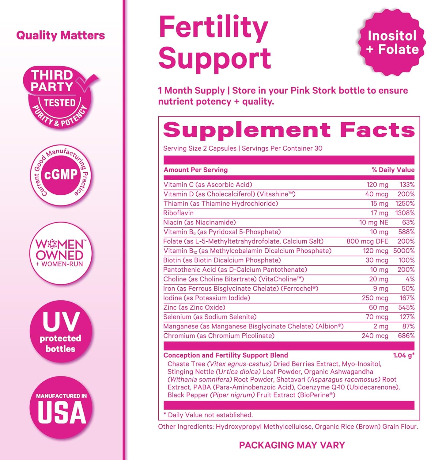 Pink Stork Fertility Supplements for Women | 2-in-1 Conception Support with Inositol, Folate + CoQ10 | Cycle Regularity, Hormone Balance + Reproductive Wellness | 60 Capsules