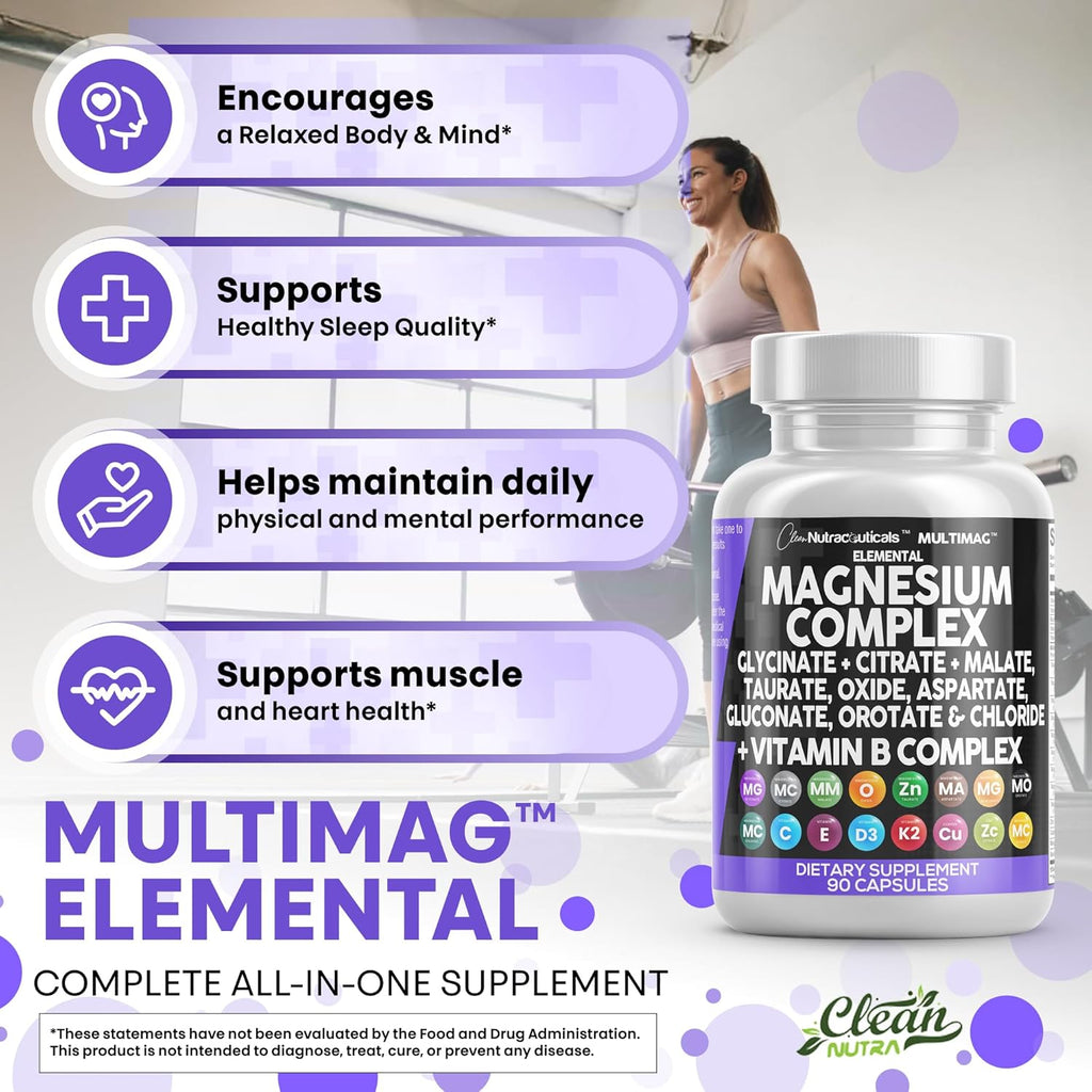 Clean Nutraceuticals Magnesium Complex with Magnesium Glycinate Citrate Malate Oxide Taurate Aspartate Orotate Mag Chloride, Zinc Copper Manganese Vitamin C B1 B2 B6 B12 Complex - 1Pack