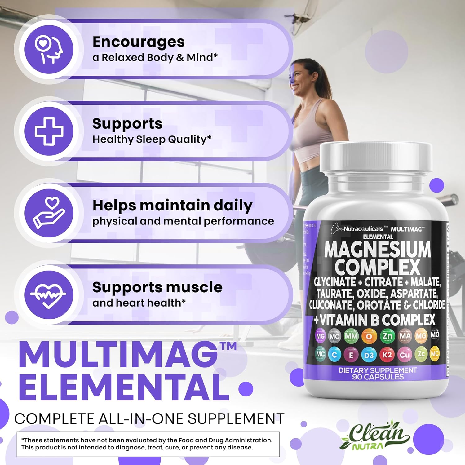 Clean Nutraceuticals Magnesium Complex with Magnesium Glycinate Citrate Malate Oxide Taurate Aspartate Orotate Mag Chloride, Zinc Copper Manganese Vitamin C B1 B2 B6 B12 Complex - 1Pack