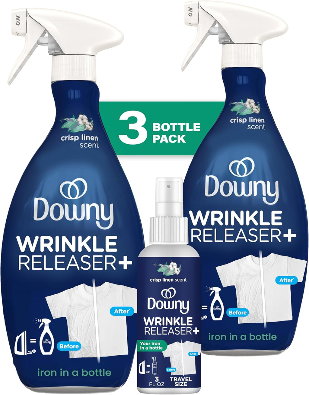 Downy Wrinkle Releaser Spray | All In One Wrinkle Release Spray, Odor Eliminator, Static Remover | Fabric Refresher Ironing Aid for Clothes | 16.9 Fl Oz (Pack of 2) 3 FL Oz, Crisp Linen Scent