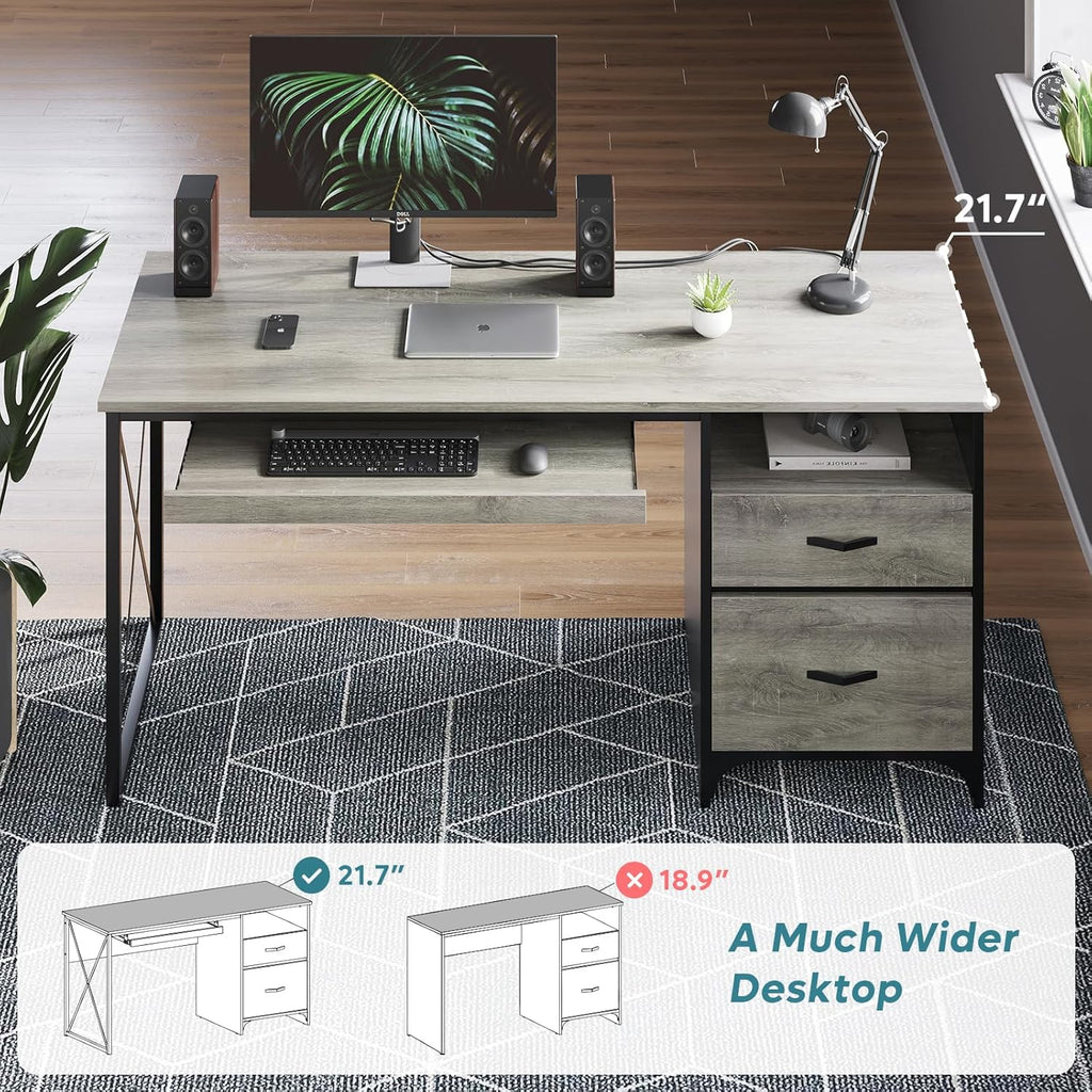 Bestier Office Desk with Drawers, 55 inch Industrial Computer Desk with Storage, Wood Teacher Desk with Keyboard Tray & File Drawer for Home Office, Light Gray Oak