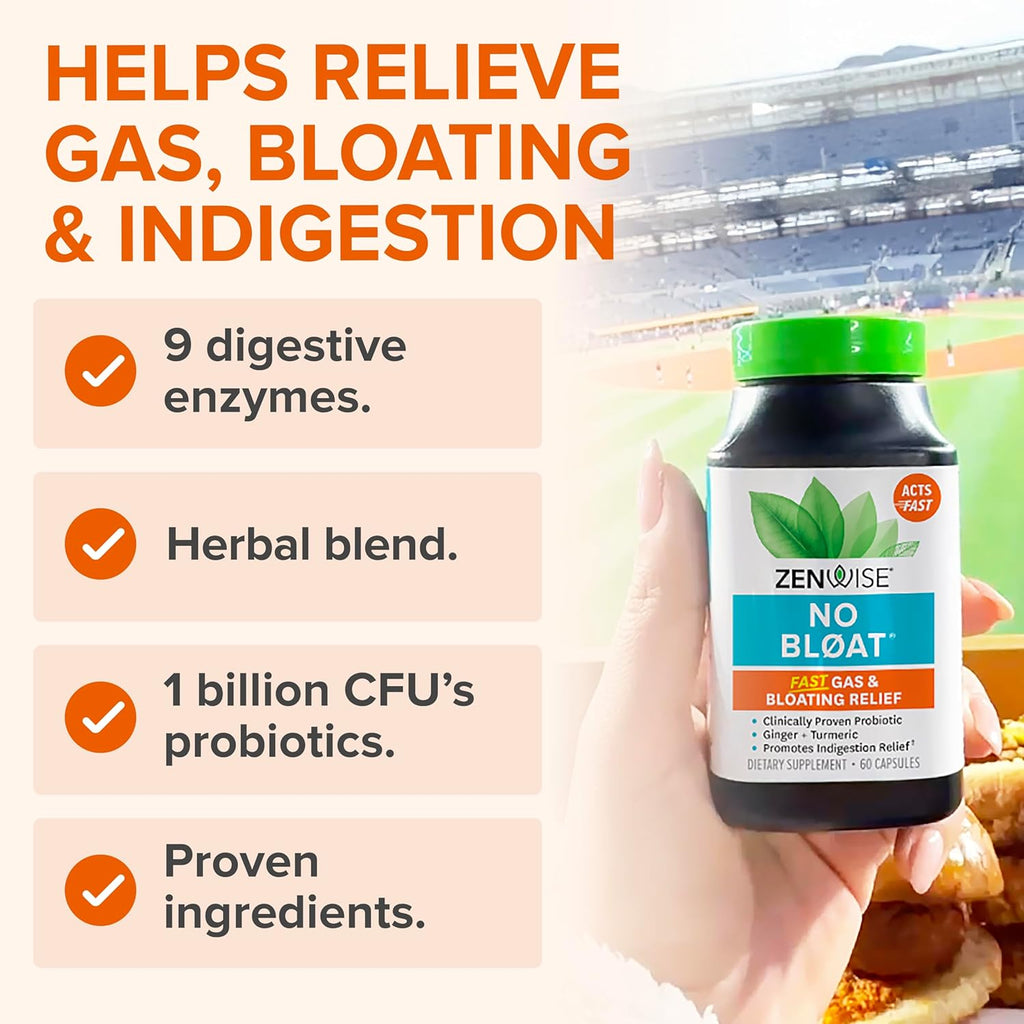 Health No Bloat Digestive Enzymes for Gut Health, Gas Bloating Relief - Multi Enzymes Digestion Supplement with Probiotics, Ginger, Turmeric Dandelion Lactase - Men Women - 60 Count