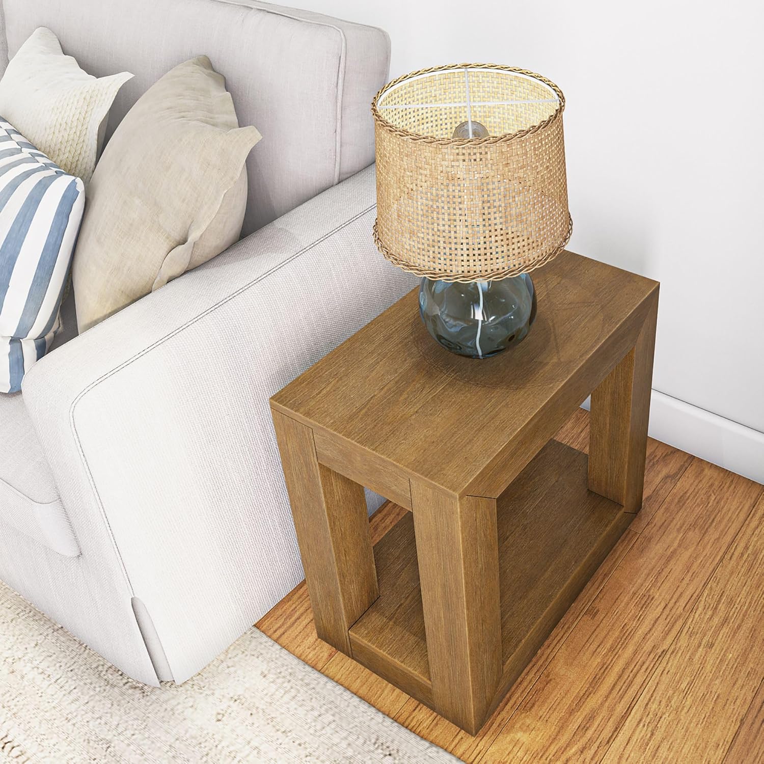 Plank+Beam Modern Rectangular Side Table with Shelf, 25inch, Solid Wood Narrow End Table for Living Room with Storage, Compact Bedside Table for Small Spaces, Pecan Wirebrush