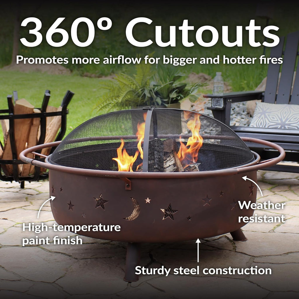 Cosmi 42-Inc Larg Outdoo Fir Pi Wood-Burnin Fir Pi wit Roun Spar Screen Poker an Built-i Grate