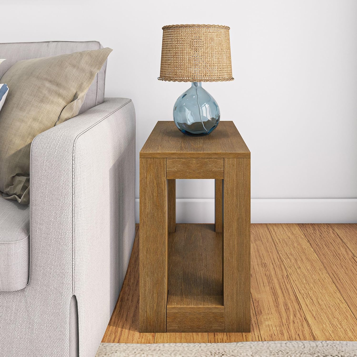 Plank+Beam Modern Rectangular Side Table with Shelf, 25inch, Solid Wood Narrow End Table for Living Room with Storage, Compact Bedside Table for Small Spaces, Pecan Wirebrush
